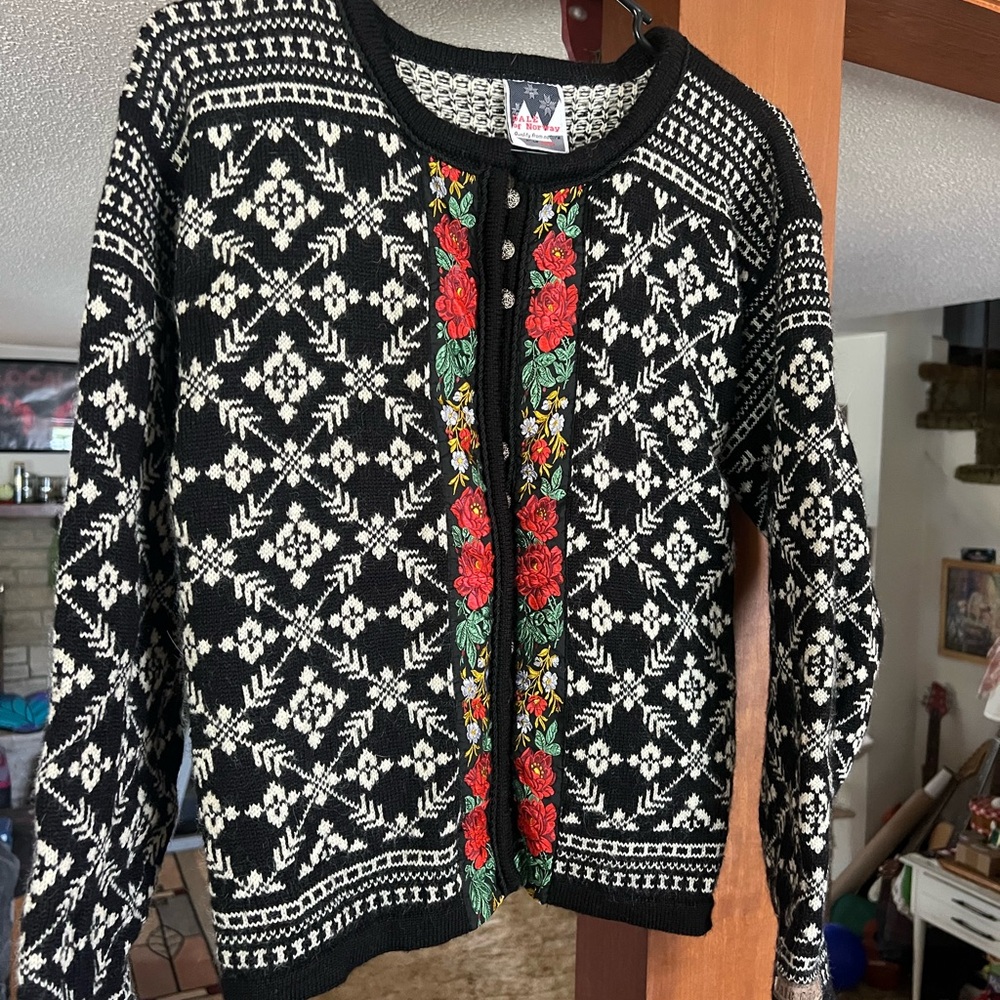 Dale of Norway Black & White Nordic Cardigan with Red Floral Trim